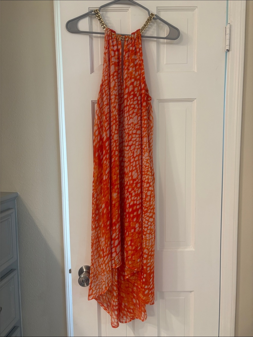 Orange Patterned Halter Dress with Chain Detail